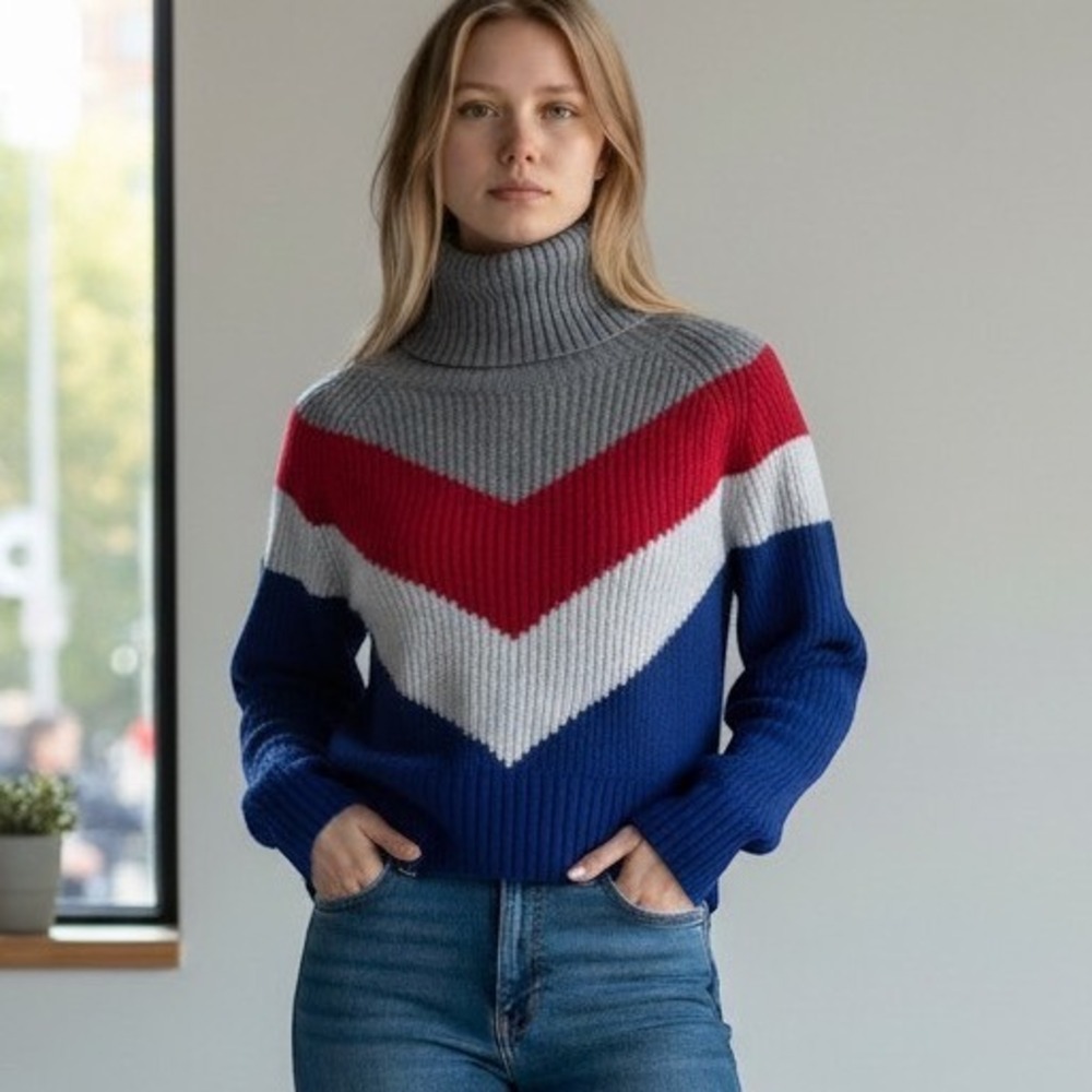 Wilfred Free Aritzia Sweater Women XS Blue Red Grey Chevron Merino Turtleneck